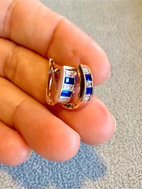 14K Rose Gold Blue and Clear Channel-Set CZ Earrings